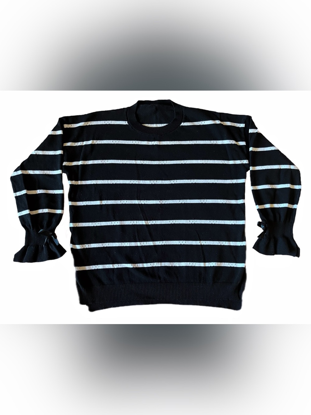 Women’s Black White Striped Sweater Flared Sleeve Bow Tie Cuffs Knit Pullover